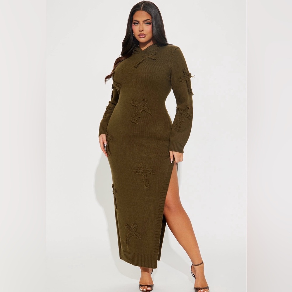 Fashion Nova Olive Knit Hooded Maxi Dress with Side Slit
